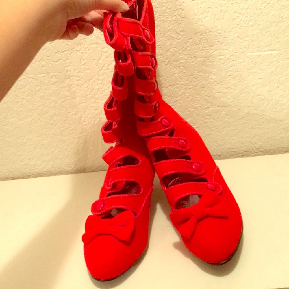 Bordello Velvet Candy Apple Red Victorian Boots